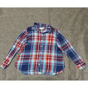 Old Navy Womens XL Button Up Shirt Blue Orange Plaid Long Sleeve Flannel Cotton